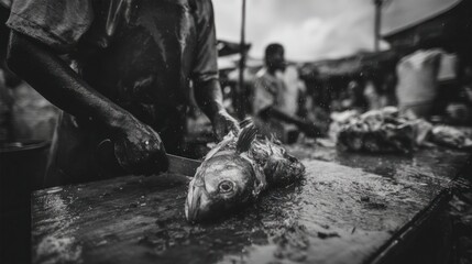 Extreme Close-Up of Tuna Being Cut at Outdoor Market – Black and White Gritty Scene