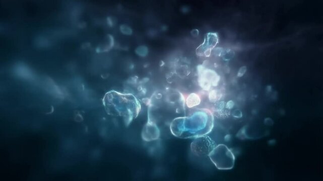 Surreal dreamscape from inside a zygote's consciousness. Bioluminescent cell divisions unfold like underwater ballet, glowing softly in slow motion