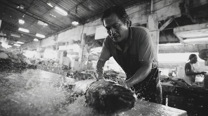 Fish Vendor Processing Catch in Indoor Market with Splash Effect – Black and White Scene