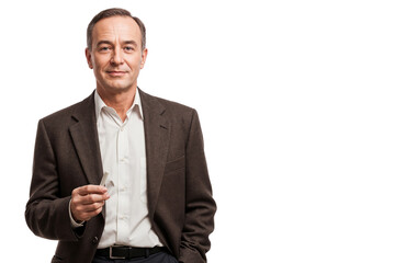 Senior male lecturer holding a piece of chalk, standing and facing forward, isolated on transparent background