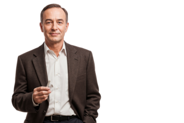 Senior male lecturer holding a piece of chalk, standing and facing forward, isolated on transparent background