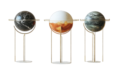 Three marble globes, each on a stand, showcasing different stone colors