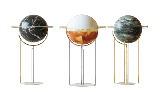 Three marble globes, each on a stand, showcasing different stone colors