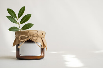 Brown Jar with Label, Twine, and Greenery on White Surface Product Display