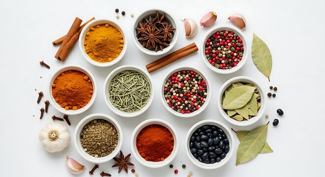 Aromatic Spices and Herbs in White Bowls on White Background
