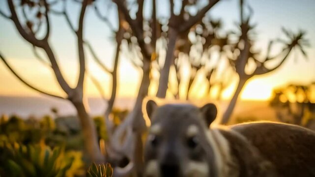 Rock Hyrax stands among fynbos plants during golden hour, showcasing its thick fur, small ears, and expressive eyes with background blur and sunset glow.