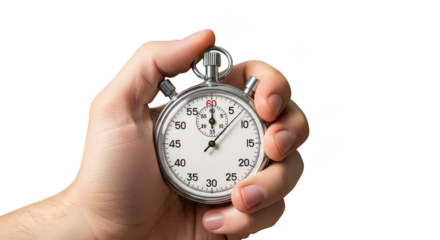 Hand holding stopwatch against black background