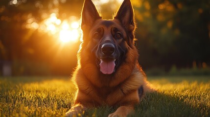 German Shepherd resting in golden sunset park