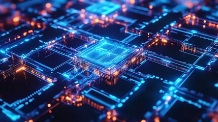 Fototapeta premium Dynamic Holographic Representation of the Blockchain Network, Glowing Blocks and Intricate Chains Perfectly Interconnected in an Abstract Digital Space, Dark Blue Background Highlighting Bright Color