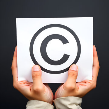 Hands hold paper with copyright symbol. International legal rights intellectual property sign, patent protection. Copyleft trademark license. Creation ownership against piracy crime