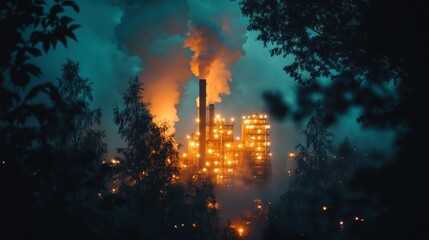 Fototapeta premium Industrial plant at night, smoke rising, trees in foreground