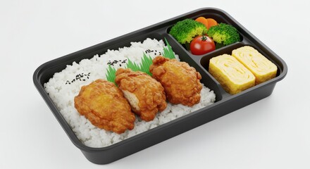 Delicious Japanese Bento Box Fried Chicken, Rice, and Vegetables
