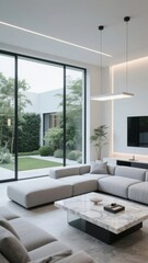 Fototapeta premium Modern Living Room with Large Glass Windows and Minimalist Furniture