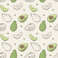 Seamless vector pattern featuring hand-drawn avocado illustrations in pastel tones. Minimal doodle-style sketches perfect for packaging, textiles, wallpapers, and wellness-related designs