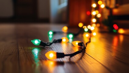 Christmas lights strewn on a wooden floor