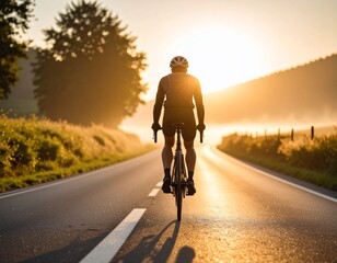 A cyclist riding along a country road at sunrise, with the golden light filtering through the trees, illustrating the freedom and joy of a morning bike ride in nature.