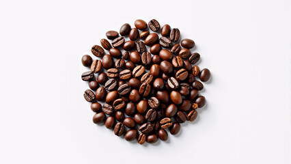 Obraz premium Roasted Coffee Beans: A high-angle shot captures a scattering of rich, brown coffee beans, showcasing their natural textures and appealing roasted appearance, perfect for evoking a sensory experience.