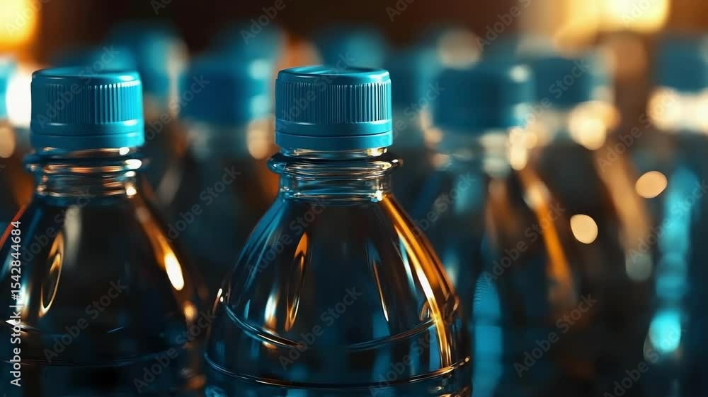 Poster a close-up of water bottles with blue caps, arranged with blurred bottles in the background, creatin