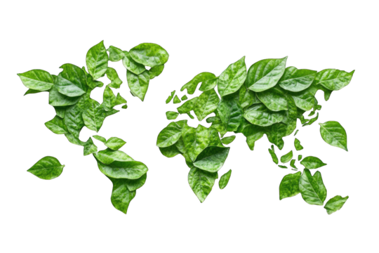 World map overlaid with vibrant green leaves