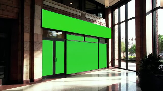 Green Screen Storefront Mockup in Modern Lobby