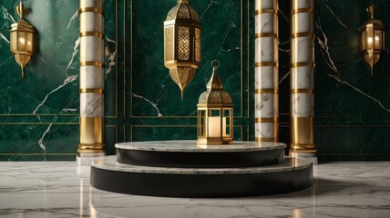 Luxury Ramadan marble podium with lantern and food emerald green marble wall.