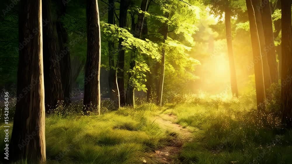 Poster sunlight filtering through trees illuminates a path in a serene woodland with lush green grass and f