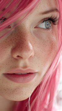 Freckles light skin adult displays pink hair and blue eyes with fair complexion in a close-up photography shot