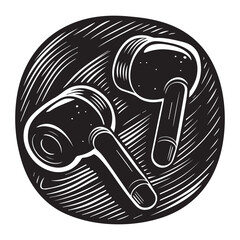 Engraved Illustration of Wireless Earbuds  A Stylish and Detailed Vector Graphic