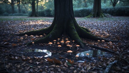 Obraz premium Mushrooms Growing Around a Tree Base in a Forest Clearing