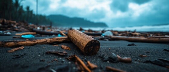 Driftwood on a Stormy Beach with Rolling Waves and Dark Clouds in the Background