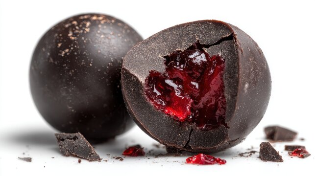 Dark chocolate truffle with strawberry filling and broken pieces on white background