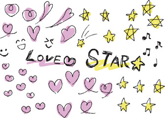 手書きのガーリーなハートと星