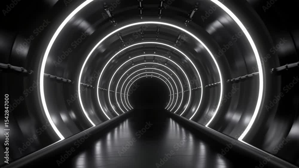 Poster An illuminated dark black empty tunnel adorned with circular lights generates a captivating futuristic atmosphere when night falls