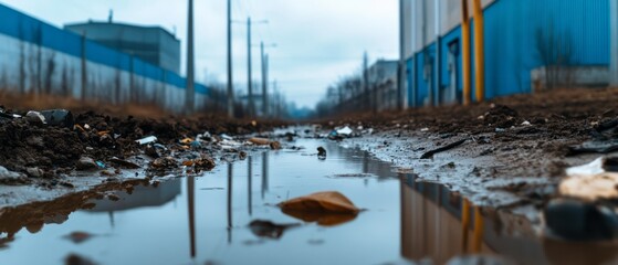 Urban Landscape with Waterlogged Ground and Industrial Background in Overcast Conditions