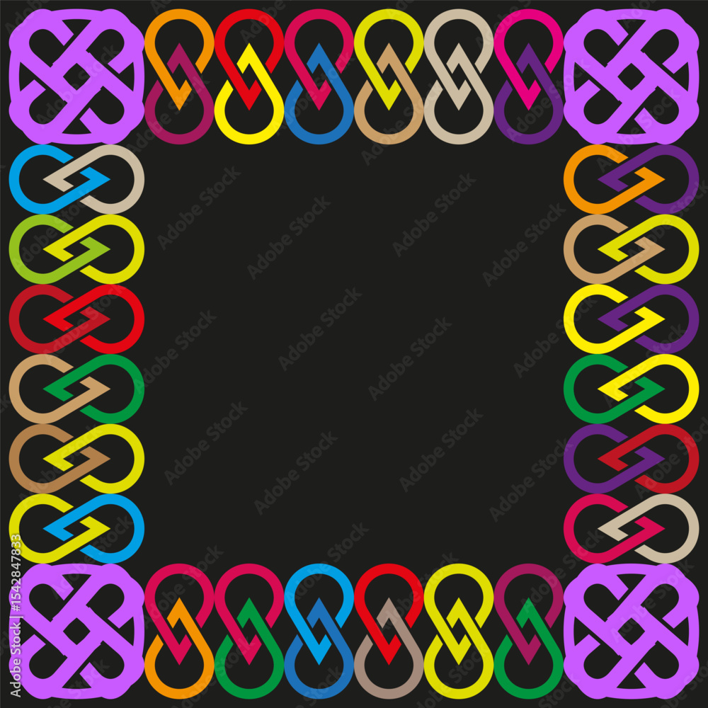 Poster colorful chain border. abstract linked shape. square dark center. vector design.
