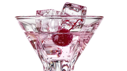 Sparkling Pink Cocktail garnished with a fresh cherry and ice cubes in a crystal martini glass against a black background a perfect image for drinks menus and websites