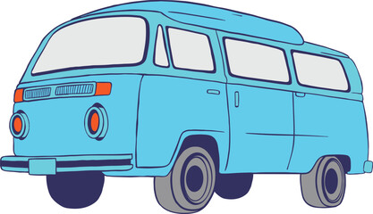 Retro light blue van illustration for travel and adventure.