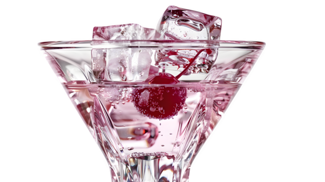 Sparkling Pink Cocktail garnished with a fresh cherry and ice cubes in a crystal martini glass against a black background a perfect image for drinks menus and websites