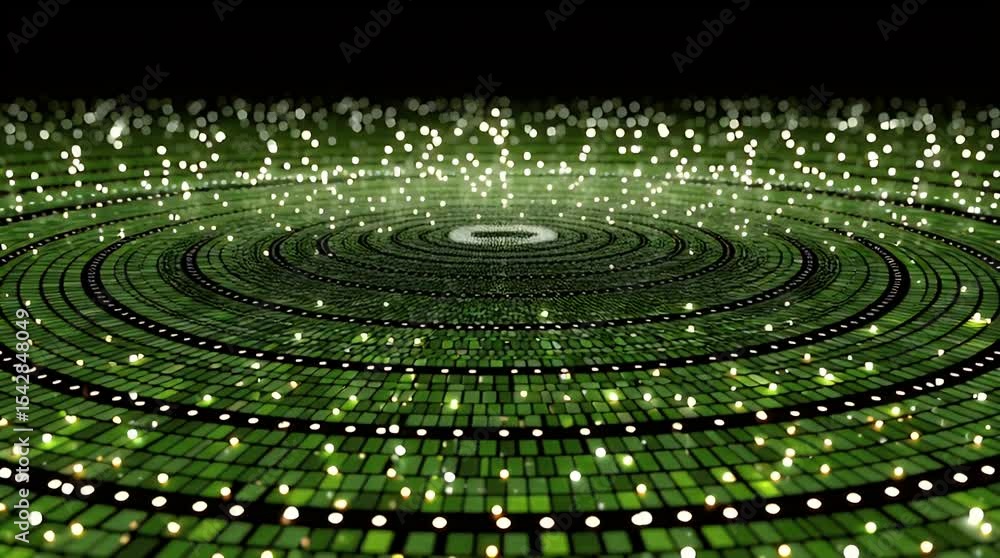 Poster abstract green concentric squares animation with glowing particles