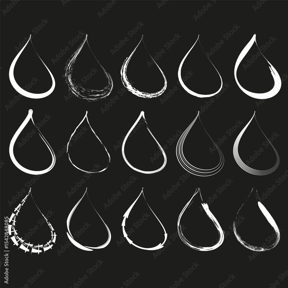 Poster drop shape vector. abstract water form. white contour symbol. black background design