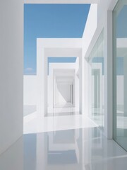 Modern White Corridor with Reflective Floor and Blue Sky