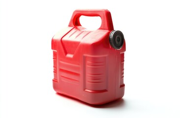 Red plastic fuel can, angled, isolated