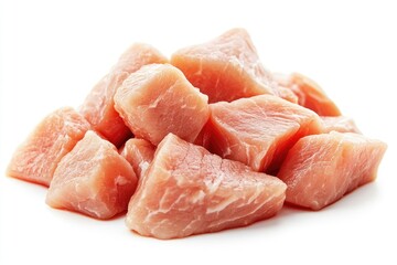Cubed raw meat, pale pink, on white