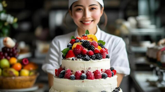 A woman wearing a chef's outfit holds a decorated cake topped with fresh berries and fruit in a dessert shop.