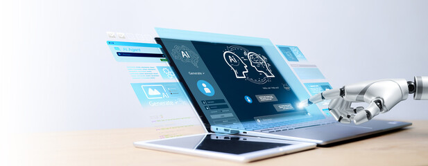 Robotic hand interacting with AI interface on laptop, surrounded by icons for data, security, fingerprint, communication, and cloud. Concept of artificial intelligence technology.
