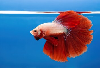 close-up photographic image of a betta fish, with a long, large, deep, shimmering, red, dark tail, swimming in crystal-clear, clear water