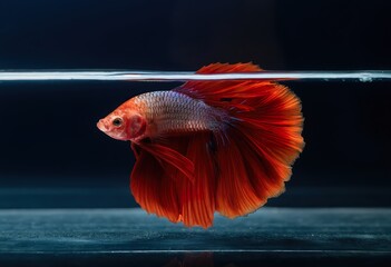 close-up photographic image of a betta fish, with a long, large, deep, shimmering, red, dark tail, swimming in crystal-clear, clear water