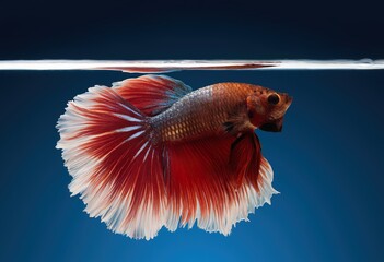close-up photographic image of a betta fish, with a long, large, deep, shimmering, red, dark tail, swimming in crystal-clear, clear water