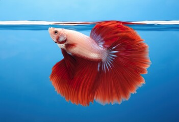 close-up photographic image of a betta fish, with a long, large, deep, shimmering, red, dark tail, swimming in crystal-clear, clear water