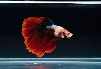 close-up photographic image of a betta fish, with a long, large, deep, shimmering, red, dark tail, swimming in crystal-clear, clear water